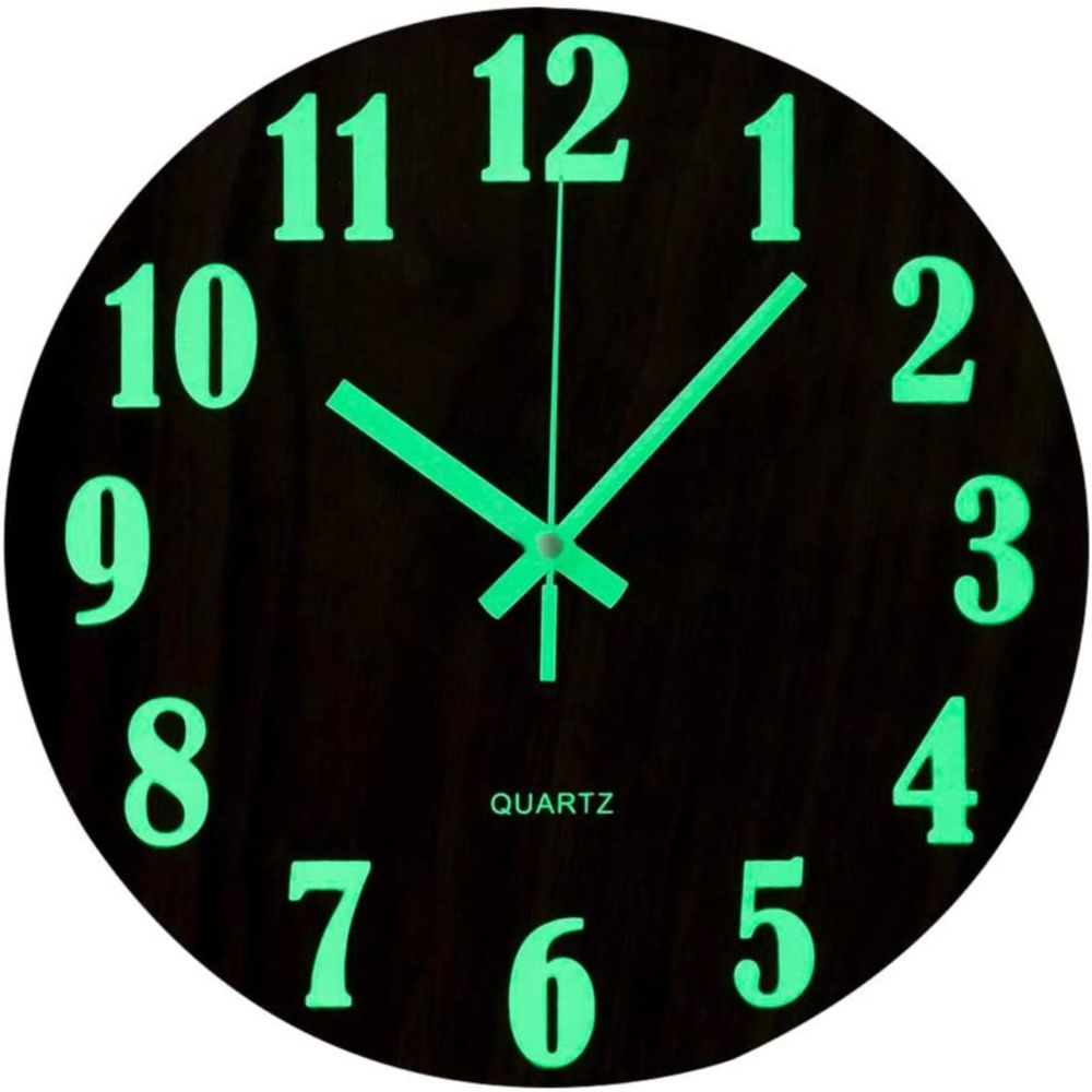 12 inches - Round  Luminous Wall Clock Silent Wooden Design Night Lights for Liv
